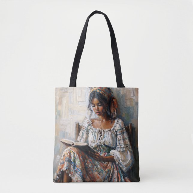 Bolsa Tote Mulher Negra Boho Lendo (Frente)