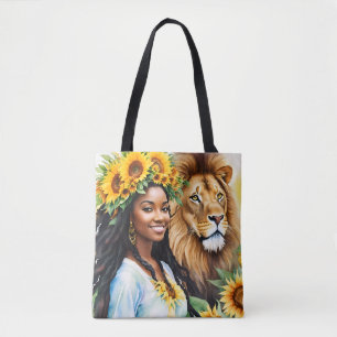 Bolsa Tote Mulher Negra com Sunflower e Leão Leão