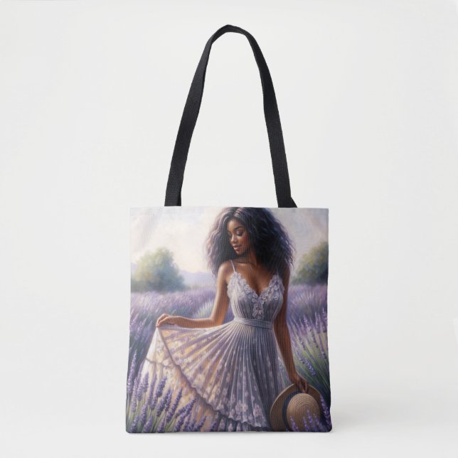 Bolsa Tote Mulher Negra em Campo de Flores de Lavanda (Frente)