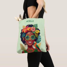 Bolsa Tote Mulher Negra, Flores Tropicais e Papagaio