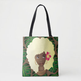 Bolsa Tote Mulher Negra, Loura Afro, Folhas Verdes, Marrom