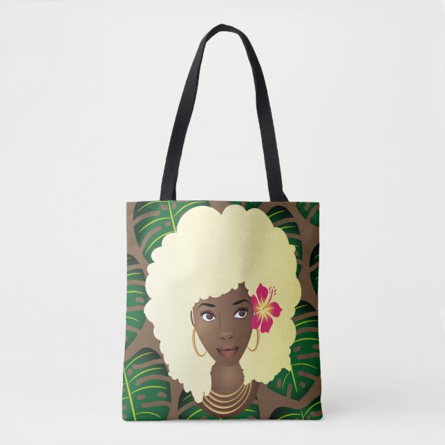 Bolsa Tote Mulher Negra, Loura Afro, Folhas Verdes, Marrom (Frente)
