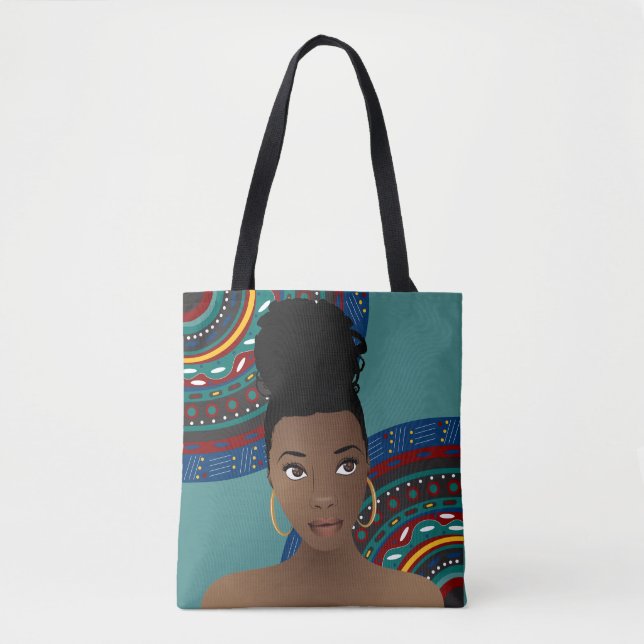 Bolsa Tote Mulher Negra, Nó Superior, Inspirada Tribal, Teal (Frente)