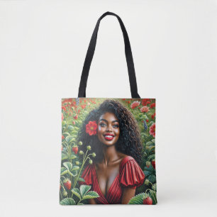Bolsa Tote Mulher Negra Vestindo Vermelho No Campo De Morango