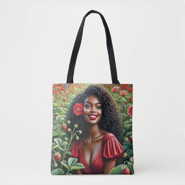Bolsa Tote Mulher Negra Vestindo Vermelho No Campo De Morango (Frente)