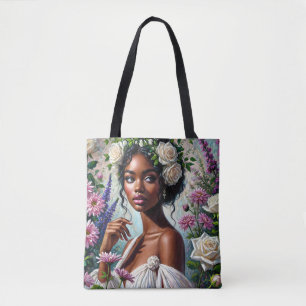 Bolsa Tote Mulher Negra Virgo com Rosas e crisântemos
