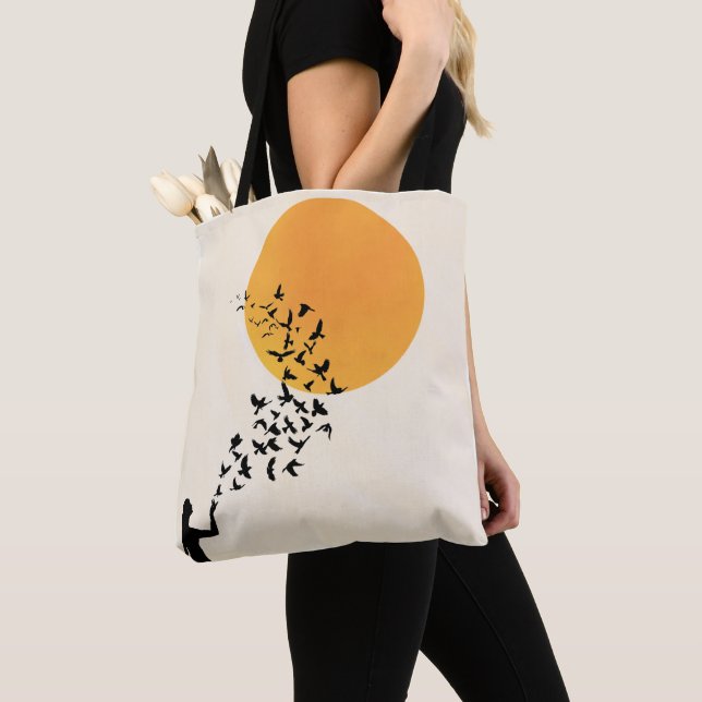 Bolsa Tote Mulheres, Sol & Silhueta de Pássaros Voadores Mini (Close Up)