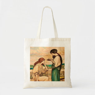 Bolsa Tote Mulheres Vintage Art Nouveau Lendo à Beira-Mar