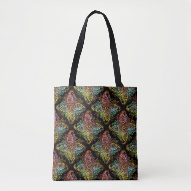 Bolsa Tote Multicolored Paisley Design on Black (Frente)