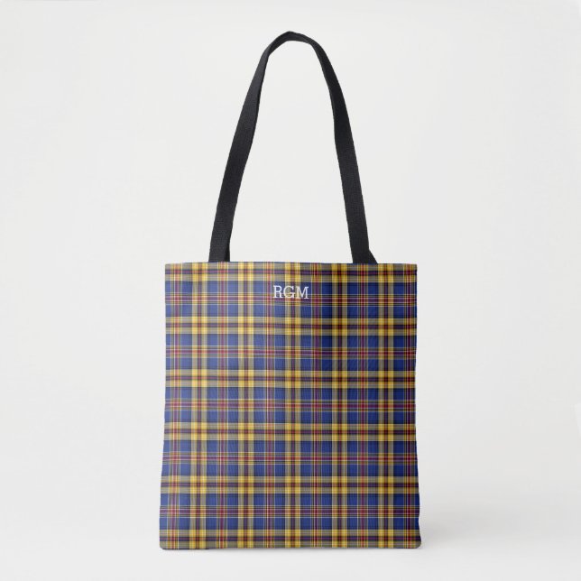Bolsa Tote Murtaugh Clan Tartan Blue e Dourado Monograma Xadr (Frente)
