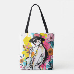 Bolsa Tote Musa em Flor: Arte de Grafite Riso de Duas Faces