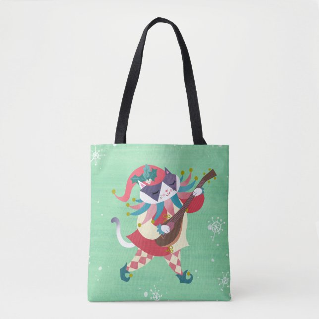Bolsa Tote Música de Natal Elf Cat Green (Frente)