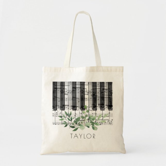 Bolsa Tote música piano aquarela folhagem (Frente)