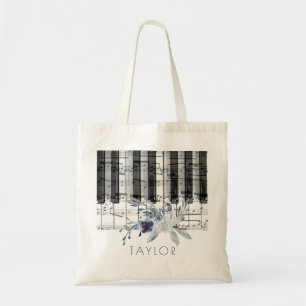 Bolsa Tote música piano empoeirado azul nome floral tote saco