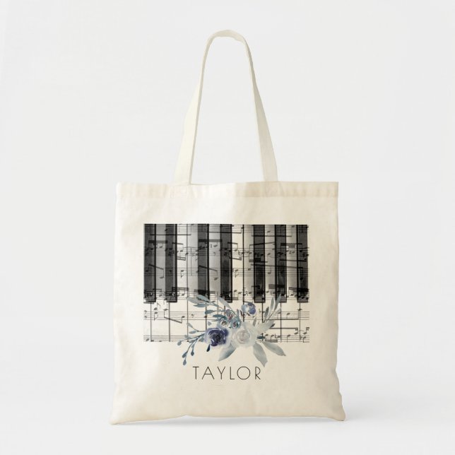 Bolsa Tote música piano empoeirado azul nome floral tote saco (Frente)