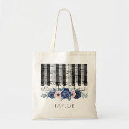 Bolsa Tote música, piano, flores azuis e cor-de-rosa