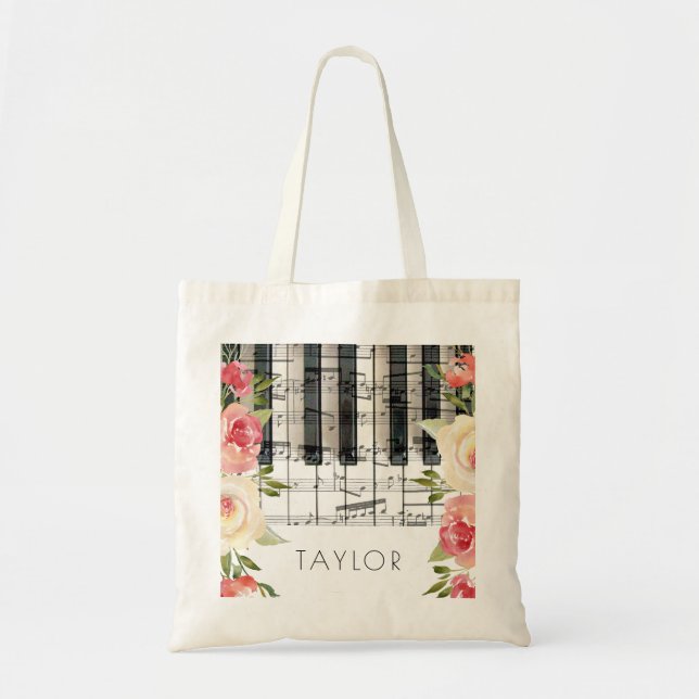 Bolsa Tote música piano flores decoração (Frente)