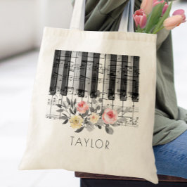 Bolsa Tote música piano rosas em folhagem cinza