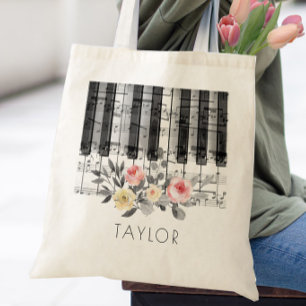 Bolsa Tote música piano rosas sobre folhagem cinza