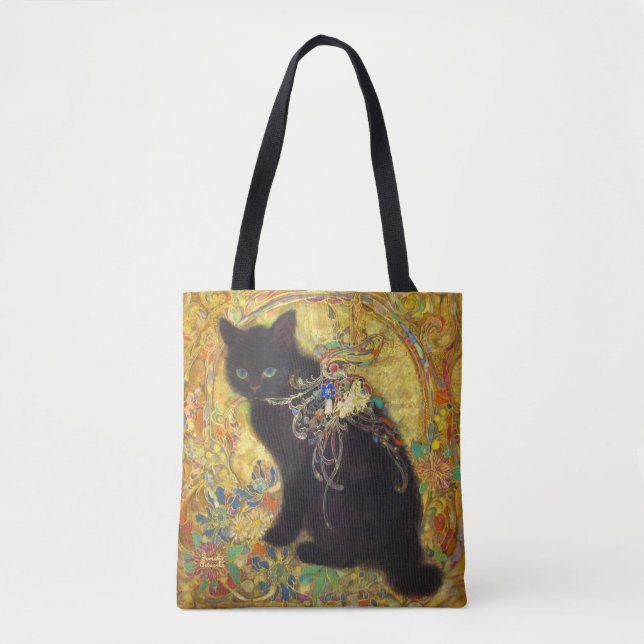 Bolsa Tote Mystical Black Cat in Golden Nihonga (Frente)
