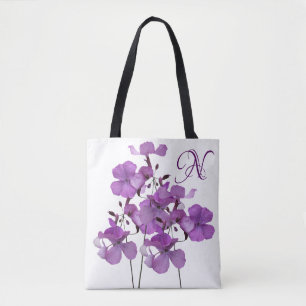 Bolsa Tote N monograma bonito praça floral roxa
