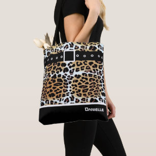 Bolsa Tote Na moda Castanho-branco-branco-leopardo-negro