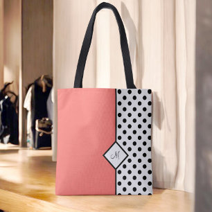 Bolsa Tote Na moda Coral com Bolinhas pretas e monograma