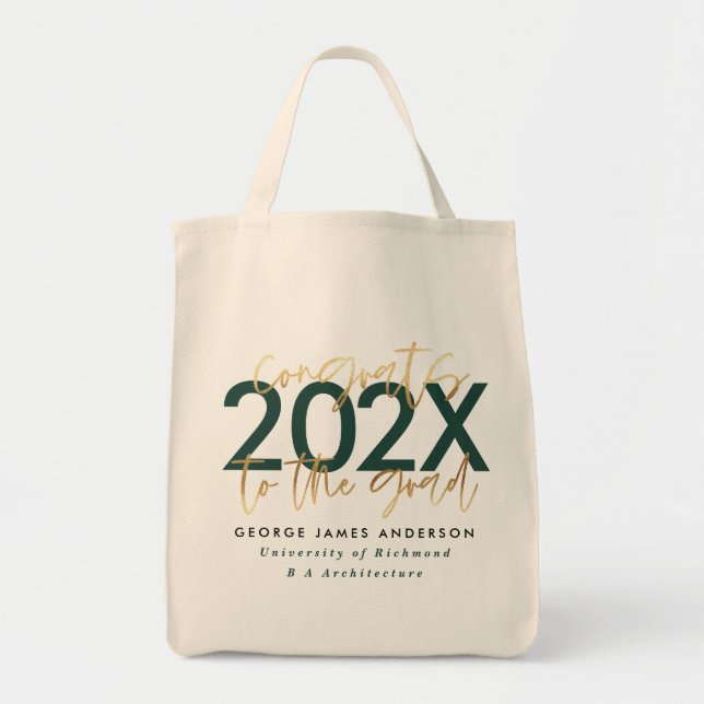 Bolsa Tote na moda de escrita verde e dourada (Frente)