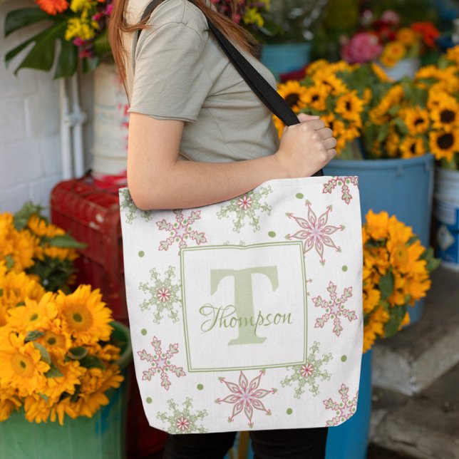 Bolsa Tote Na moda de Feriado Moderno Monograma de Inverno em (Christmas colorful snowflake pattern monogram tote bag)