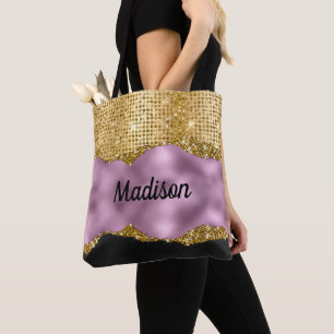 Bolsa Tote Na moda faux Glitter Violet Dourado monograma negr