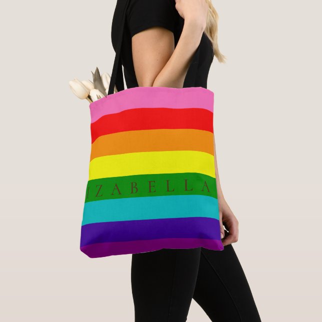 Bolsa Tote Na moda Modern Strips no Rainbow LGBT Tones Name (Close Up)