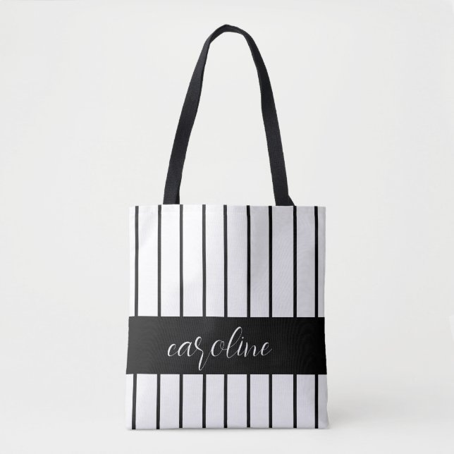 Bolsa Tote Na moda preto e branco com risca (Frente)