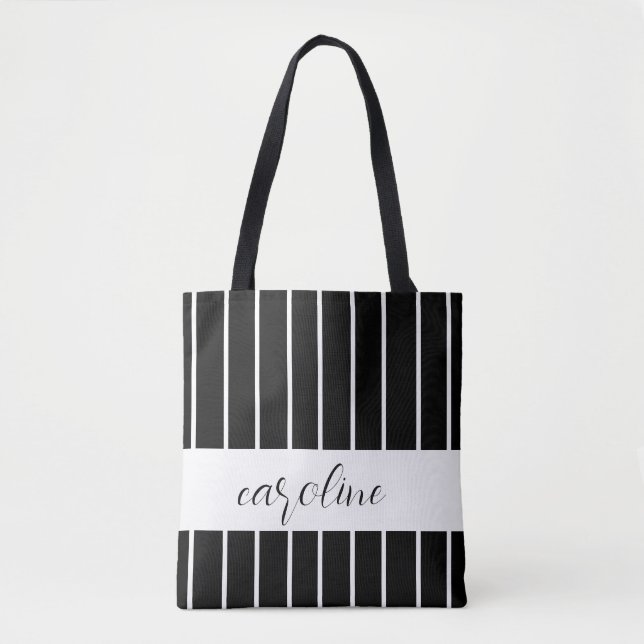 Bolsa Tote Na moda preto e branco com risca (Frente)