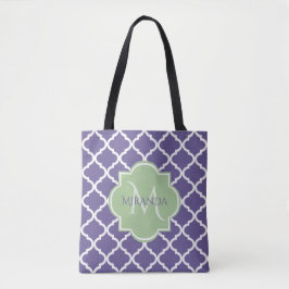 Bolsa Tote Na moda Purple Quatrefoil e Nome Monograma Verde