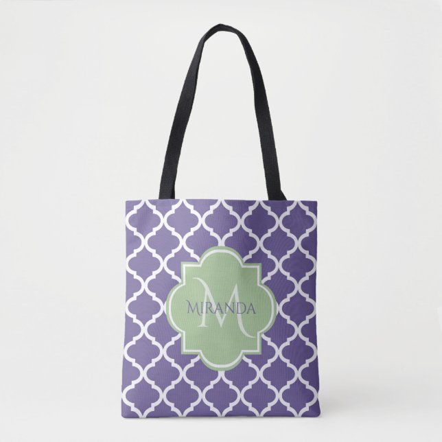 Bolsa Tote Na moda Purple Quatrefoil e Nome Monograma Verde (Frente)