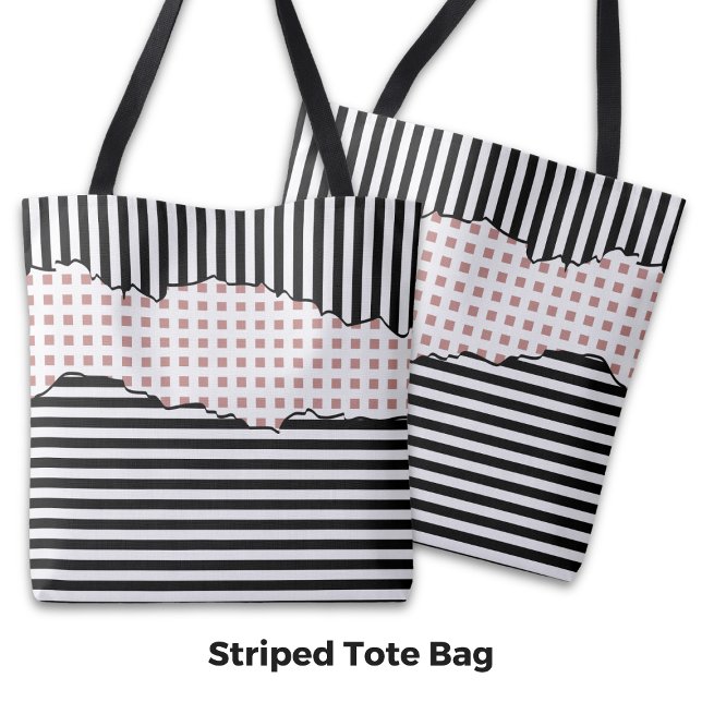 Bolsa Tote Na moda strips de rede preto, branco e rosa (Stylish Stripes Net Layered Black, White & Pink Tote Bag)