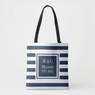 Bolsa Tote Na moda Trendy Monograma Marinho preto Stripe azul
