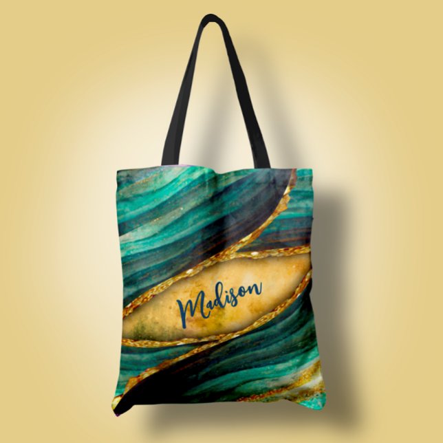 Bolsa Tote Na moda turquoise marble art faux gold glitter (Criador carregado)