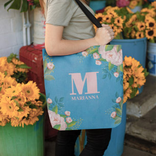 Bolsa Tote Na moda Vintage Rosa Rosa Monograma Simples Floral