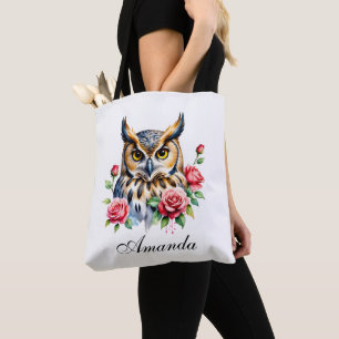 Bolsa Tote Na moda Watercolor Floral Owl