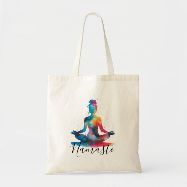 Bolsa Tote Namaste Yoga Silhouette | Meditação Colorida (Frente)