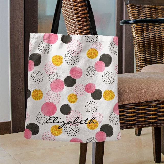 Bolsa Tote Name, Abstract Pattern Pink Black Gold Circles (Criador carregado)