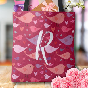 Bolsa Tote Namorados Corações Aves Vermelho Cor-de-Rosa Monog