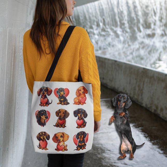 Bolsa Tote Namorados Dachshund com Aquarela Vermelha (Dachshund Valentine with Red Heart Watercolor Tote Bag)
