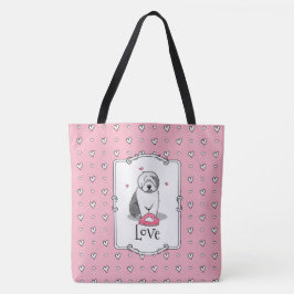 Bolsa Tote Namorados Rosa Antigo Cão-Ovino Inglês Cinza 1 Div
