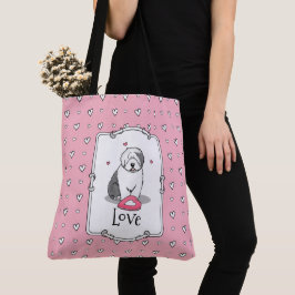 Bolsa Tote Namorados Rosa Antigo Cão-Ovino Inglês Cinza 1 Div