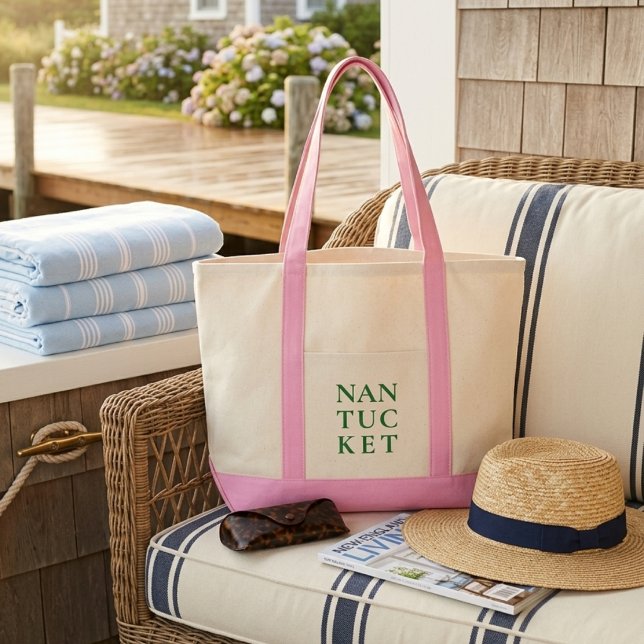 Bolsa Tote Nantucket Rosa e Verde Preppy Costeiro  (Display photo produced by AI)