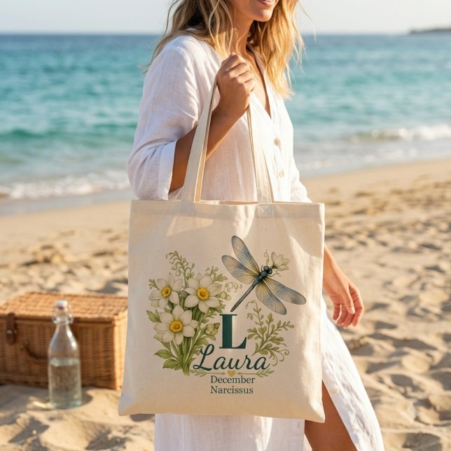 Bolsa Tote Narciso Flor de Nascimento de Dezembro & Libélula (Criador carregado)