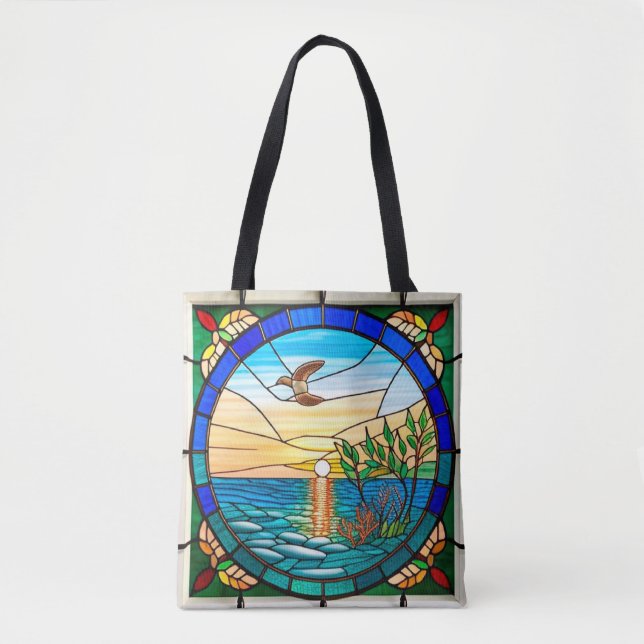 Bolsa Tote Nascer do Sol Sobre o Oceano com Pássaro Voador (Frente)