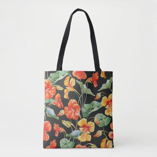 Bolsa Tote Nasturtium Orange: Padrão Escuro de Aquarela. (Frente)